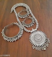 Indian Oxidized Long Necklace With Earrings And Bracelet Bollywood Style Jewelry
