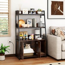 Cat Litter Box Enclosure w/ Storage Shelves Scratching Pad Charging Station