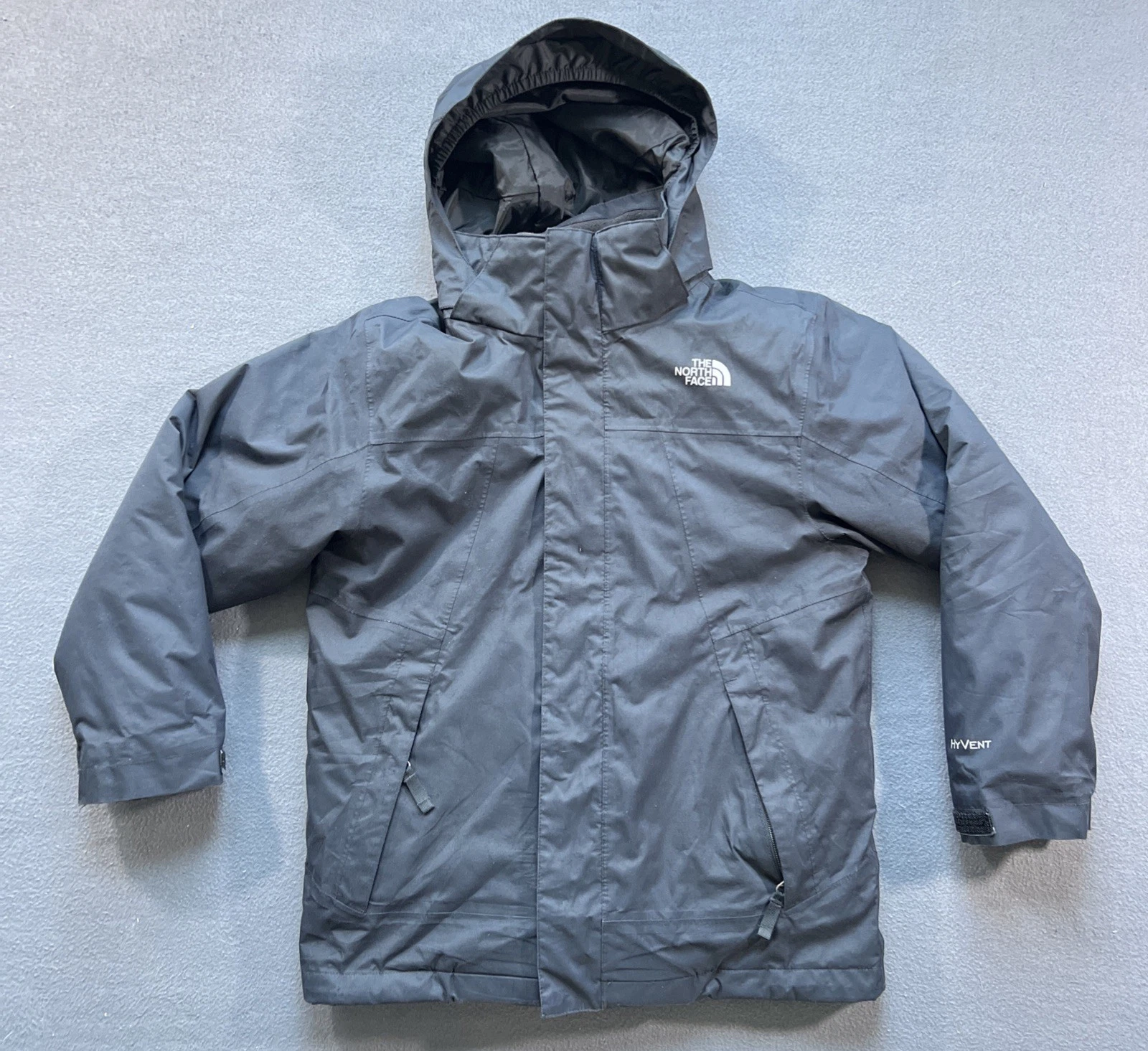 The North Face HyVent Hooded 3 In 1 Coat Boys Youth Medium Charcoal Hooded *READ