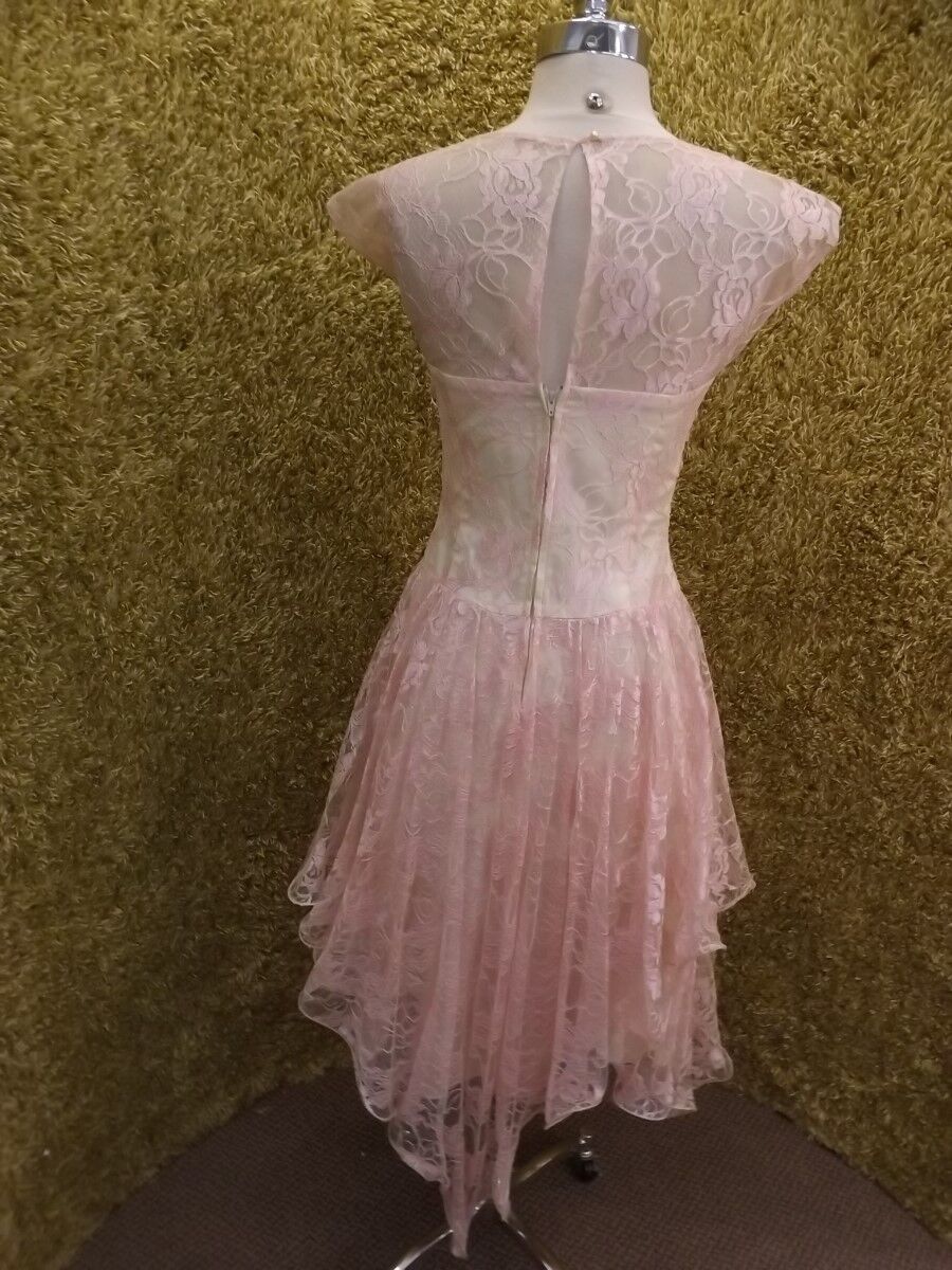 Figure Flattering Vtg Drop Waist Pink Floral Lace Beaded Tiered Party Dress 3/4