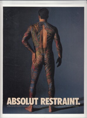 Absolut Vodka 1997 Magazine Print Ad Absolut RESTRAINT Tattoos Man Laminated