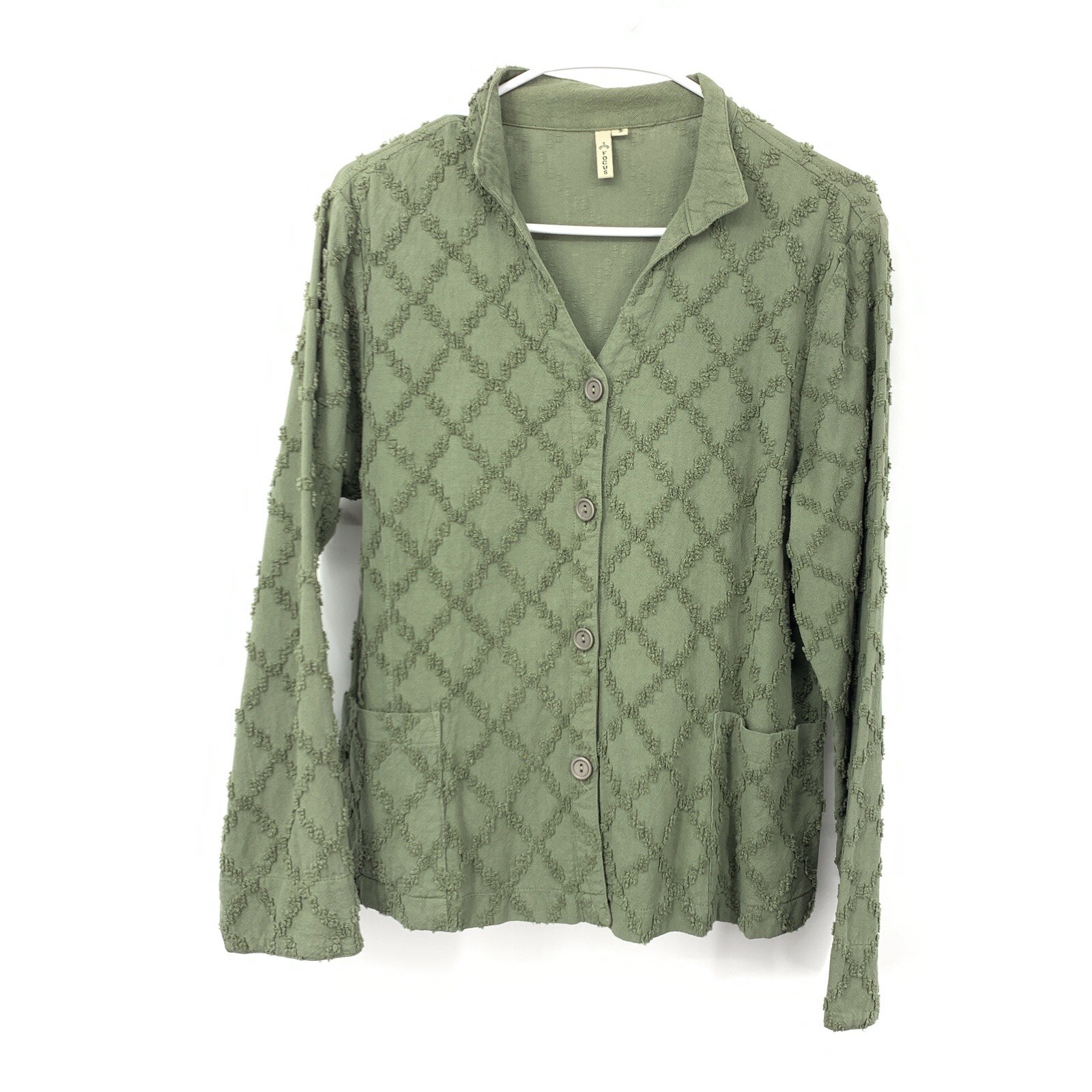 FOCUS Women Small Top Button Down Light Jacket Green Textured Diamond Cotton 