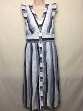 Point Sur J Crew Blue Striped Linen Front Button Blue Summer Midi Dress Size  T8