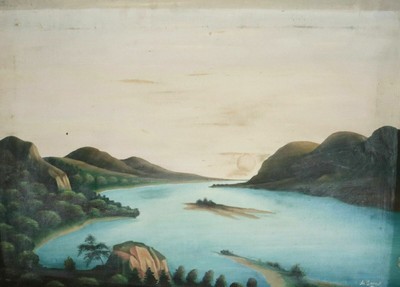 80s realist oil painting river landscape