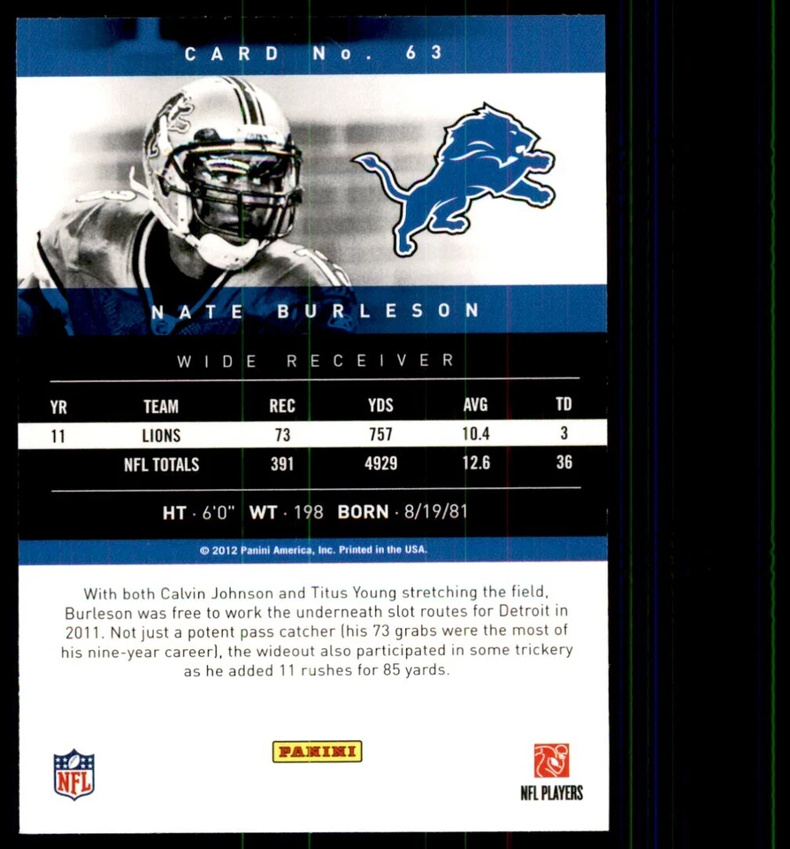 2012 Panini Prestige Nate Burleson Football Cards #63 - Image 2 of 2