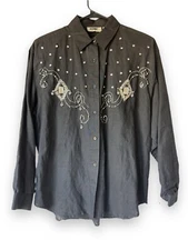 Vtg Gitano Beaded Shirt Womens L Black Top Button Up Cristals Shoulder Pads