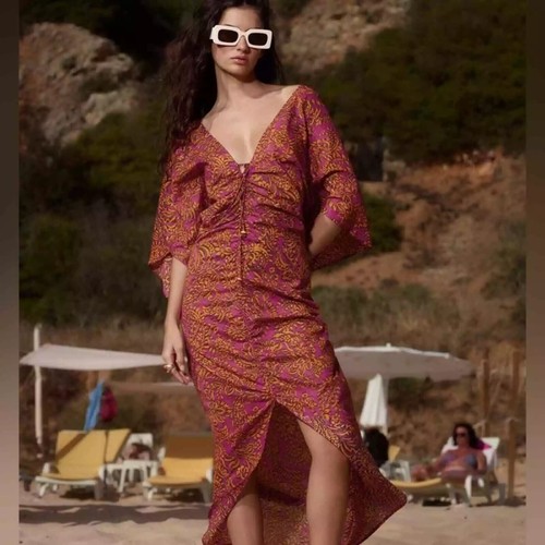 New Zara Pink Orange Floral Tie VNeck Ruched Kaftan Dress Medium eBay