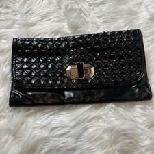 Vintage Black faux Patent Leather Clutch, Gold Hardware, Unique Woven Design