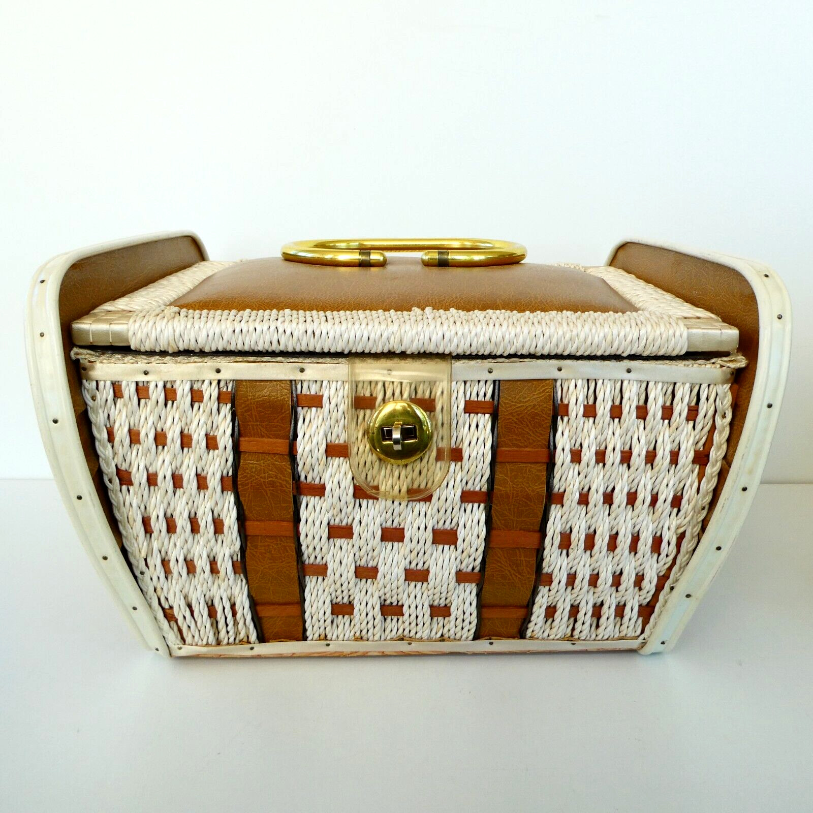 Singer Wicker Sewing Box Wood Plastic Tray Brown White Vintage Japan MCM