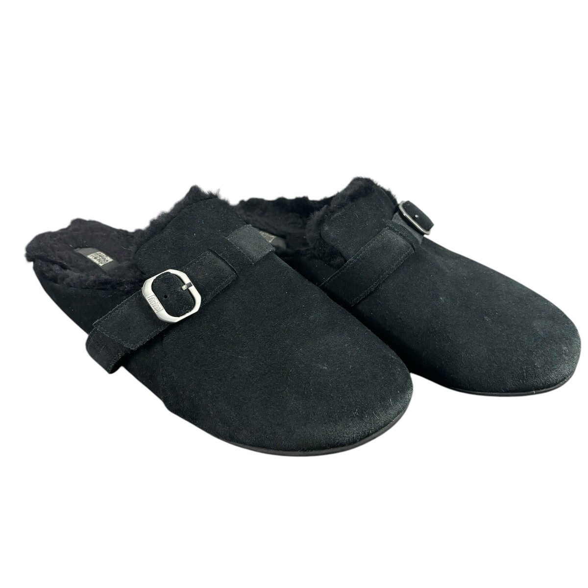 CHRISSIE Buckle Shearling Lined Black Suede Slippers Clogs Women's
