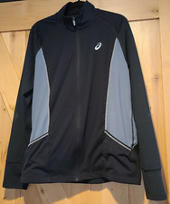 Women's M Asics Athletic Jacket Black Purple Fleece Lined Zip Back Pocket Thumb