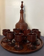 Mid Century Turned Wood Decanter 10 Piece Set Beautiful Condition