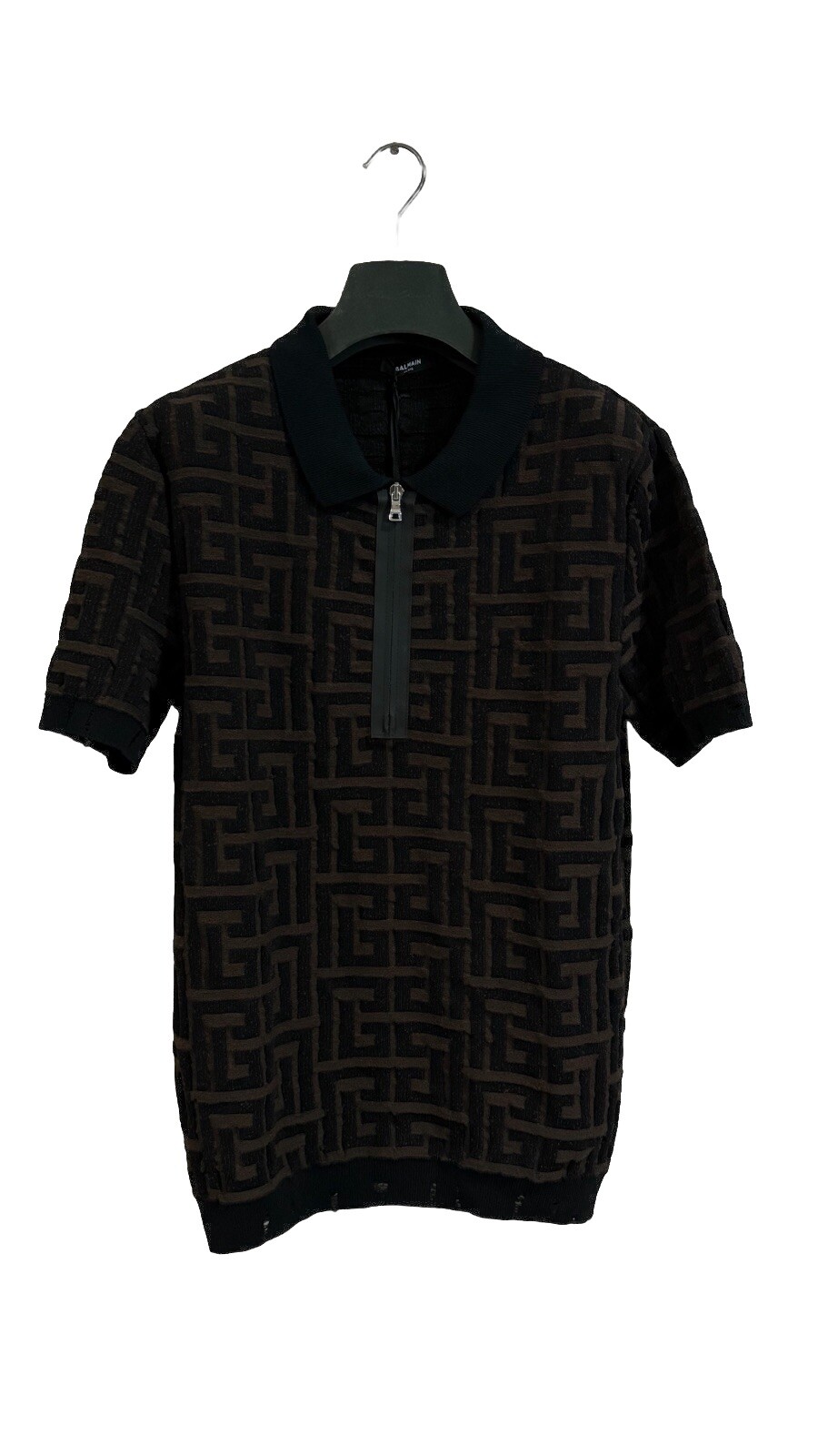 Balmain Maxi Monogram Destroyed Knit Polo Shirt-Marron Vif LG $1350