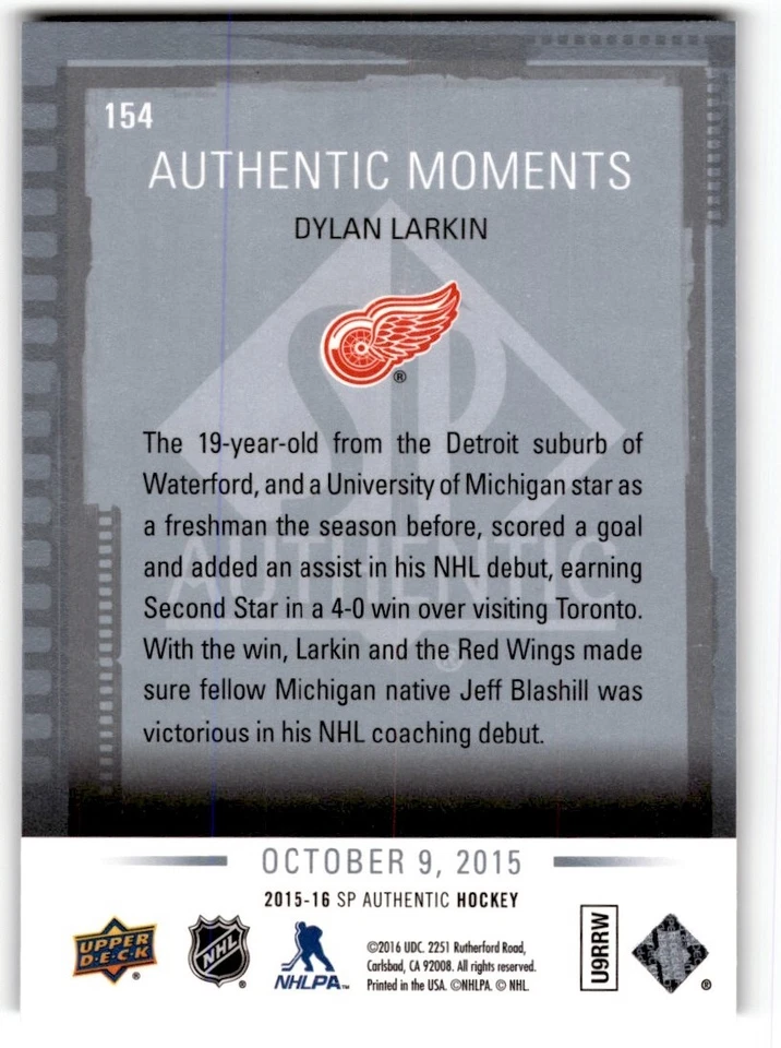 2015-16 SP Authentic Moments Dylan Larkin #154 Detroit Red Wings - Image 2 of 2