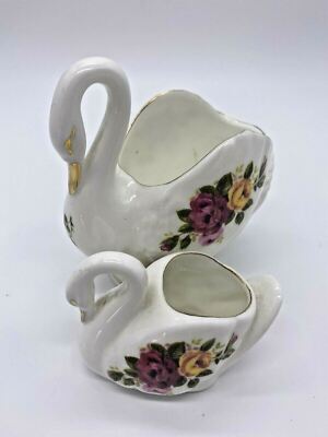 Bone China Schwan Übertöpfe 2er Set Floral Rosegoldrand Vintage Stil Dekor