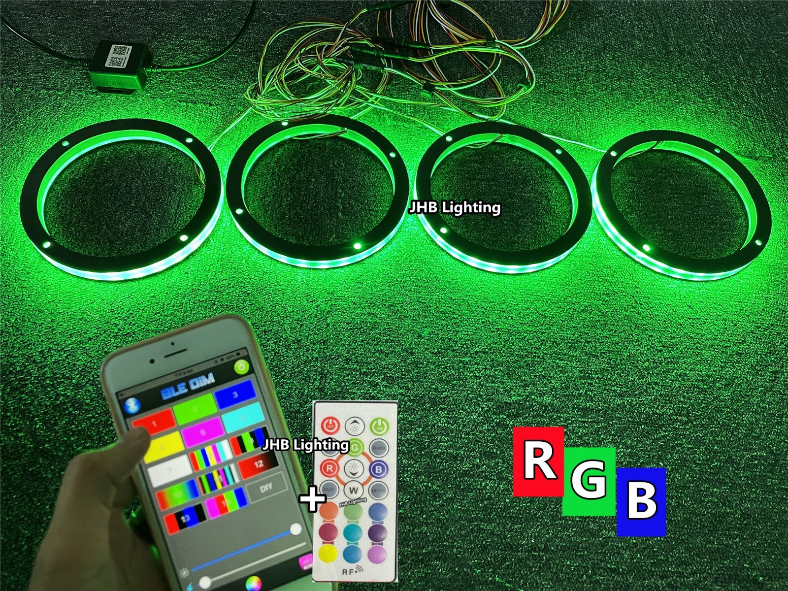 JHB Set (4) 6.5" RGB Color Change Remote APP Subs Sound LED Speaker Rings Light
