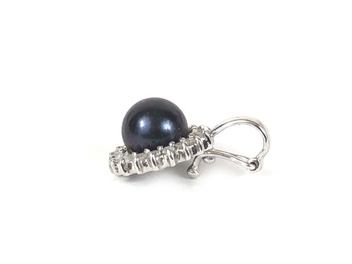 Diamond Black Pearl 14k White Gold Minimalist Petite Halo Pendant Estate Jewelry - Picture 3 of 3
