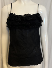 Ruffled Lace Black Top Spaghetti Straps Sleeveless Cotton Made in USA~Super Cute