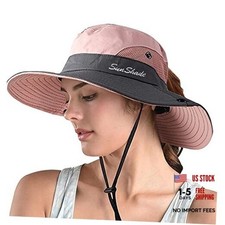Women's Ponytail Safari Sun Hat,Wide Brim UV Protection 6 3/4-6 7/8 1-pink