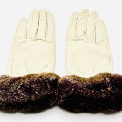 Lanvin Leather Gloves with Fur and Ribbon Ivory Leather