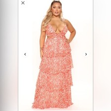NEW Fashion Nova 1X Kenya Maxi Dress Orange Zebra Animal Print Tiered Cut Out