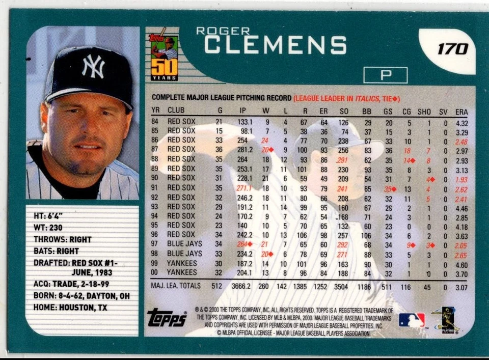 2000 Topps Baseball Roger Clemens No. 170 New York Yankees - Bild 2 von 2