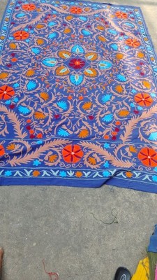 Hand Embroidered Suzani Rug Blue Boho Floral Cotton Textile Tapestry