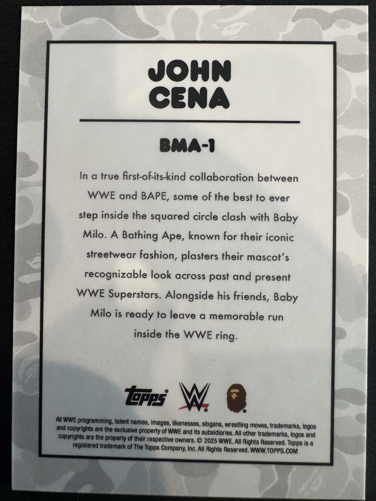 2025 Topps X Bape Wrestling John Cena Baby Milo Multi Camo 1/5 - 1st On Print! thumbnail 2
