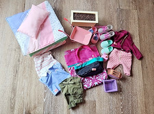 Our Generation Lot Clothes Shoes Bedding Seeping Bag Wheel Barrel Toaster Kettle