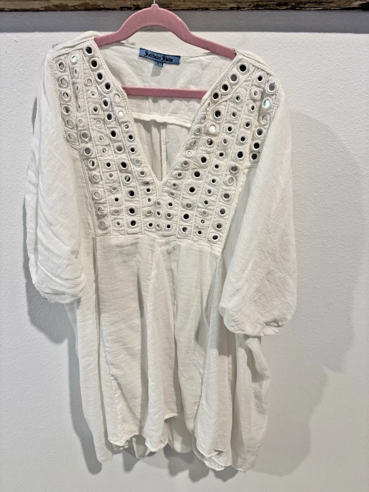 Top de Natación Solitario Cubre Blanco Talla L Holográfico Drapeado Adornado Boho Foto 2 de 4