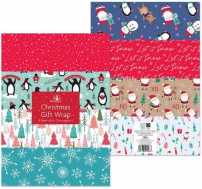 TALLON 8 Pcs Christmas Wrapping Paper Gift Wrap Sheets Cute Traditional Xmas Present