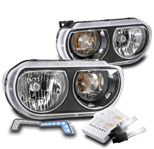 FOR 08-14 CHALLENGER (HALOGEN) HEADLIGHT LAMP BLACK W/BLUE DRL LED+6000K HID - Bild 1 von 4