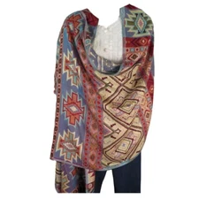 Shawl | Wool + Modal | Geometric Design | Handloomed | Tassels | Blue & Sand