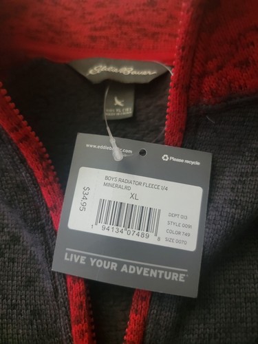 Eddie Bauer Fleece Sweater Kids Size XL Boys Pullover 1/4 Zip Red Gray New w Tag - Picture 4 of 6
