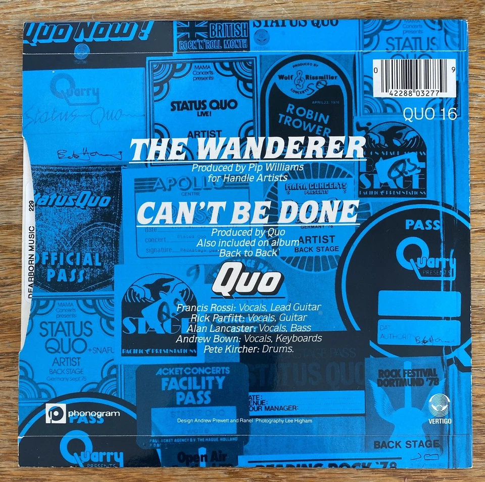 Status Quo The Wanderer Vertigo Records Quo 16 45rpm 7” (1984) UK Import NM! - Image 2 of 4