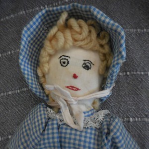 Very Old Handmade Rag Doll, 15" Tall Gingham Dress Bonnet, Lace Trim
