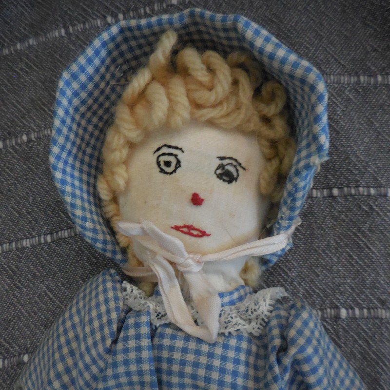Very Old Handmade Rag Doll, 15" Tall Gingham Dress Bonnet, Lace Trim