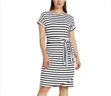 CHAPS Womens Crewneck Stretch Knit Dress Sash Belt Black White Stripe Size S