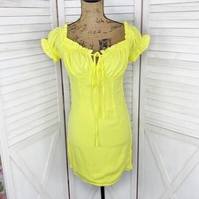 Fashion Nova Mae Mini Dress Womens Medium Yellow Smocked Back Sheath Ruffle