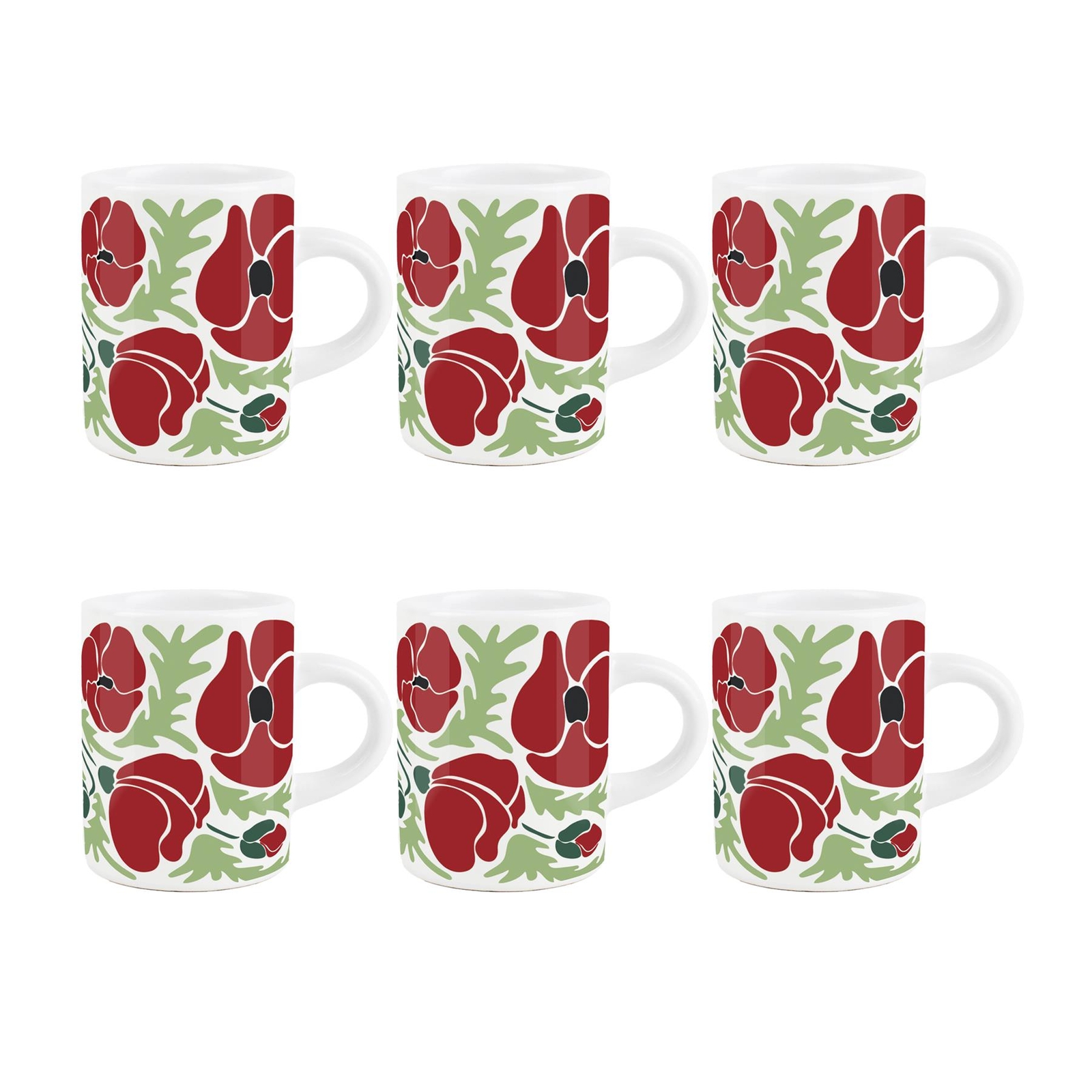 Retro Poppy Espresso Mugs - Mini Ceramic Coffee Cup Gift Set of 6