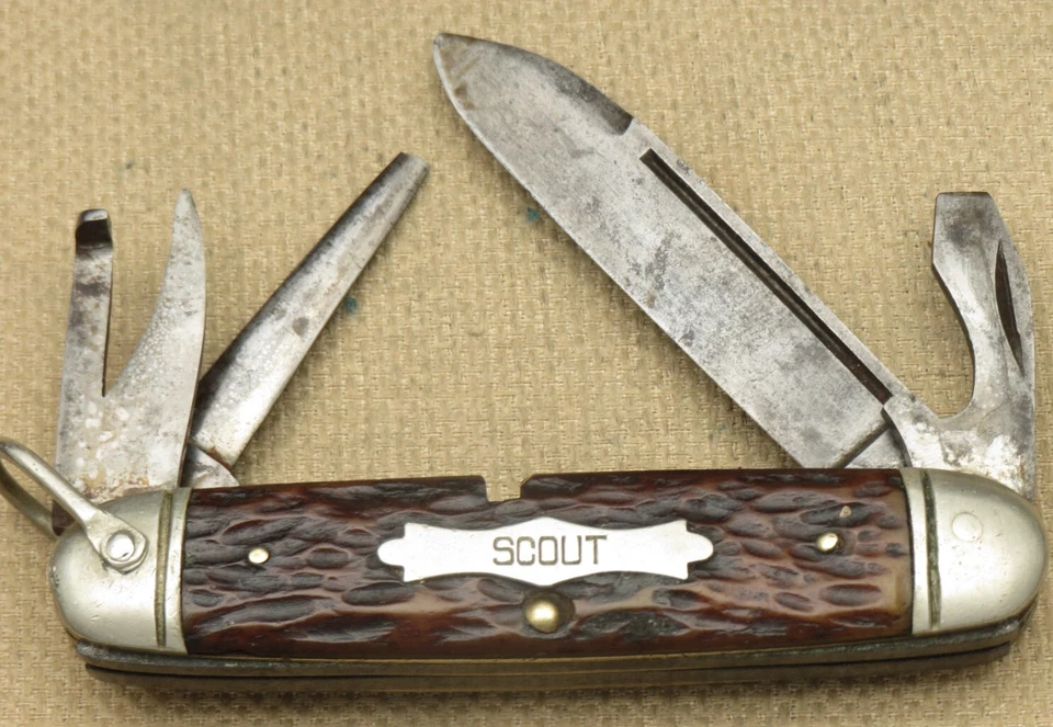 Antiguo NAVAJA CRISOL 1920 CO NY - Hecho para WT Grant - Scout Cuchillo Utilitario Hueso Foto 2 de 4