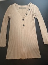 Enza Costa Almond Ribbed Knit V-Neck Henley Top S Long Sleeve Button Cotton
