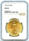 1914-D $20 Saint Gaudens Gold Double Eagle, NGC MS62, Flashy Bright Blazer!