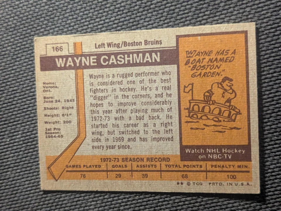 Sharp 1973-74 Topps #166 Wayne Cashman Boston Bruins Hockey Card-EX+ - Image 2 of 2