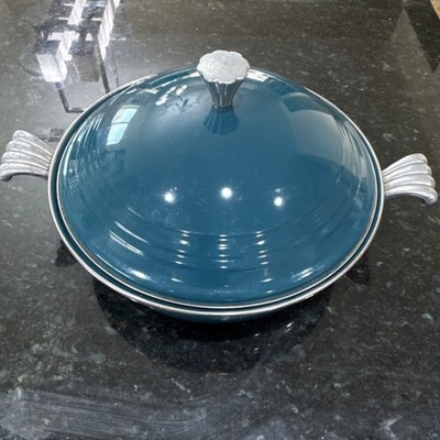 Fiesta Blue Ceramic Round Casserole Pan with Lid & Metal Handles Dishwasher Safe