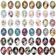 50pcs Oval Glass Cabochons, 25x18mm Flower Printed Glass Cabochons Vintage Mi...