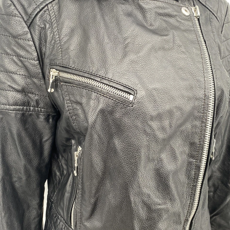 Chaqueta Barneys Originals Mujer 12 Cuero Negro Moto Asimétrica Cremallera Motociclista Foto 4 de 4