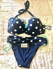 Pour Moi Blue, White & Mint Polka Dot Padded Halter Bikini Set 2pc Bow 75D