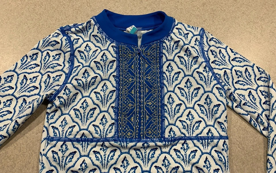 Top protector contra erupciones manga larga Cabana Life Girls talla 5 UPF 50+ Boho blanco y azul Foto 2 de 4