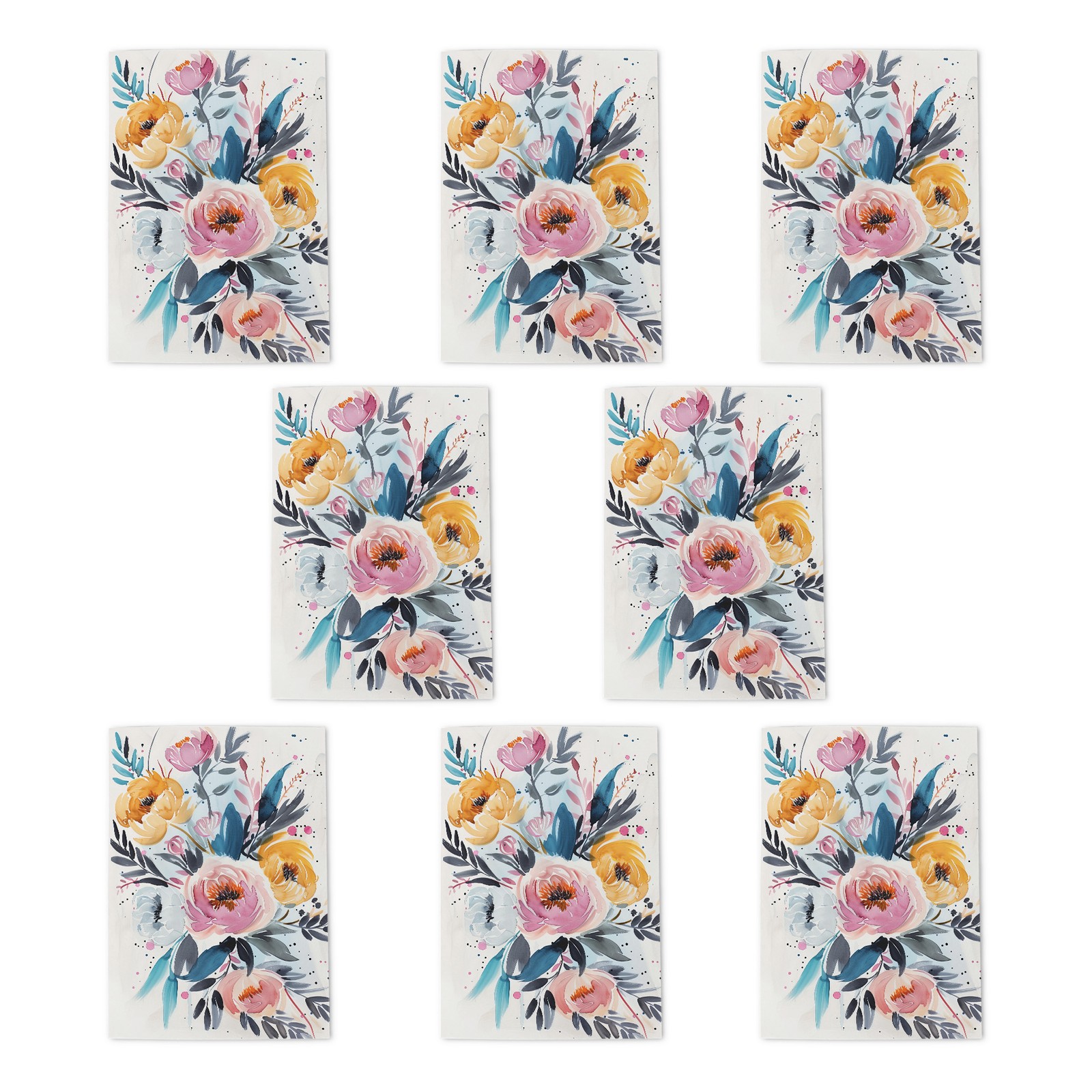 Elegant Peony Flower Bouquet Floral Watercolour Art Cards Pack of 8, Blank A6
